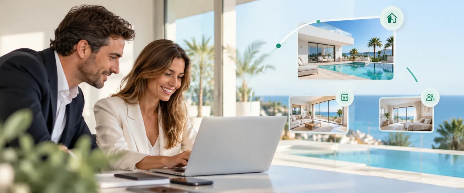 Agentes inmobiliarios gestionando fichas de alojamientos con vistas al mar en un portátil