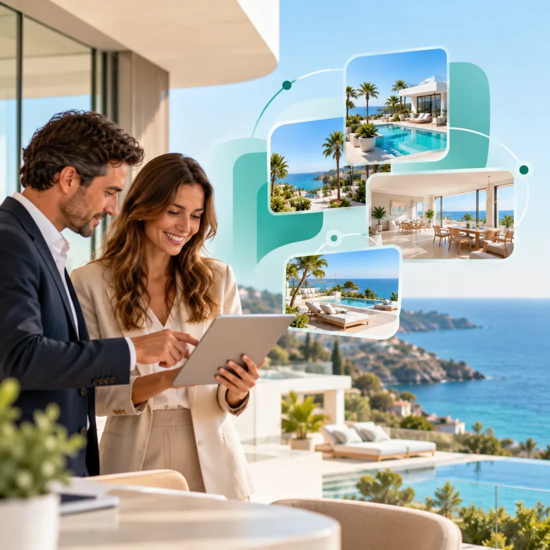 Dos agentes inmobiliarios revisan en una tablet alojamientos de lujo frente al mar