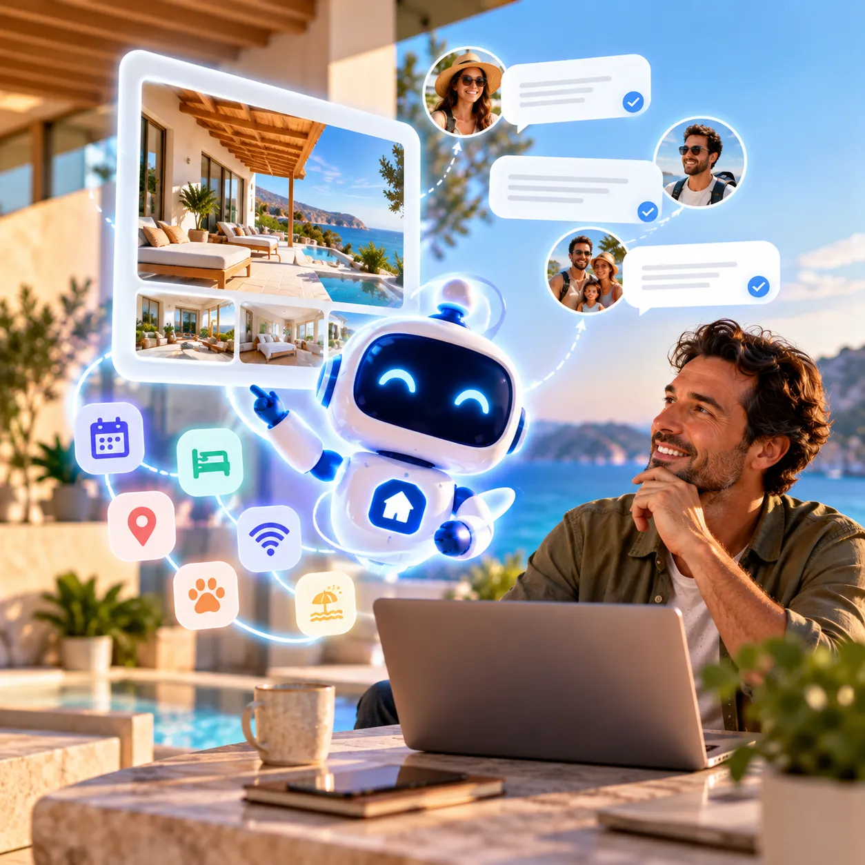 A host checks on his tablet how his AI agent is handling guest questions