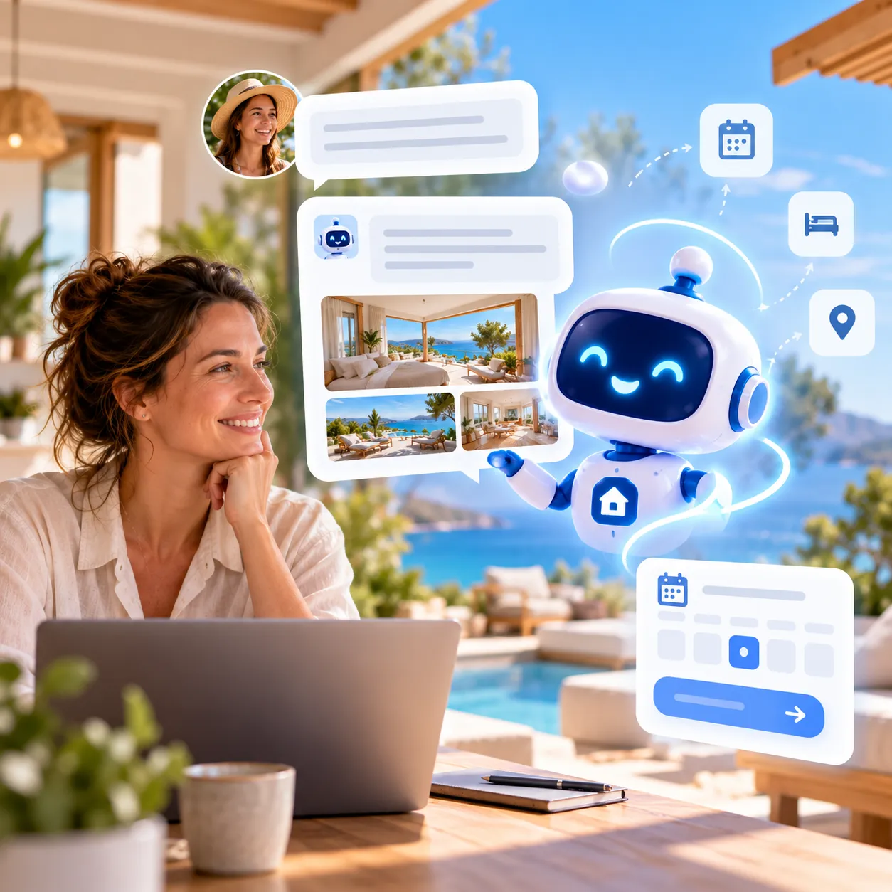 A host smiles while her AI agent helps several travellers with questions about her seaside home